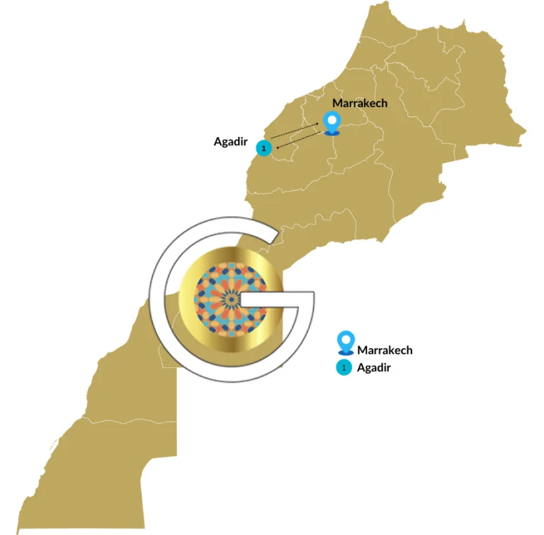 Route map of the Marrakech to Agadir full-day tour highlighting key stops and scenic pathways
