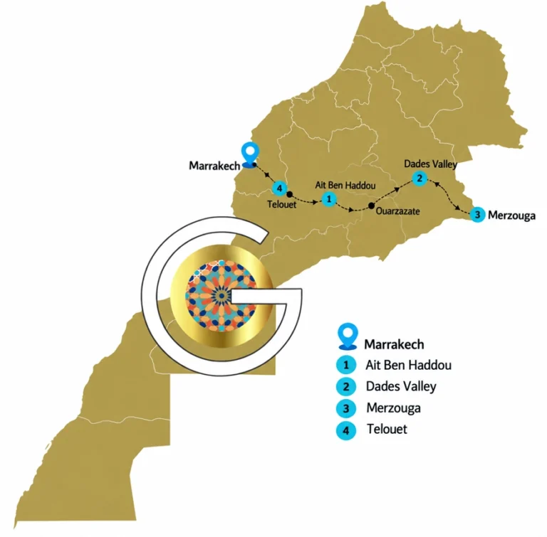 Carte du circuit désert de 4 jours de Marrakech à Merzouga