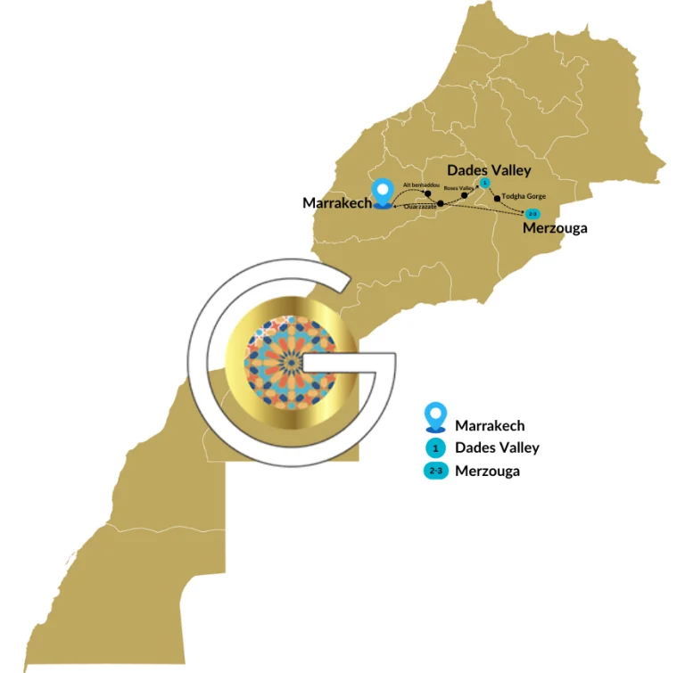 Map of 3-Day Private Desert Tour Itinerary from Marrakech to Merzouga via Ait Ben Haddou and Todra Gorge