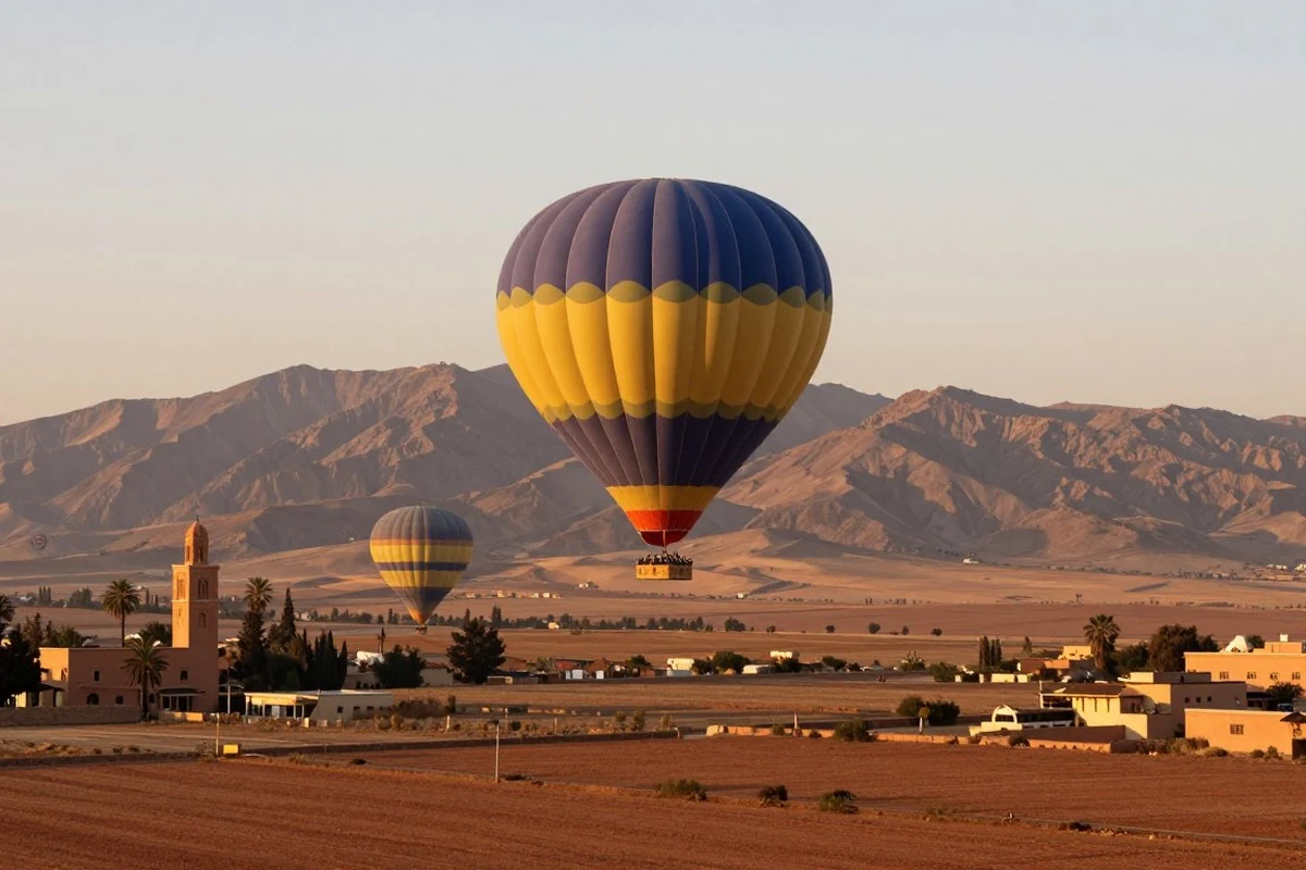 Hot air balloon over Marrakech A hot air balloon at sunrise over Marrakech