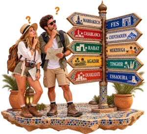 FAQ-wheretogomorocco Travellers reading a signpost to Moroccan cities