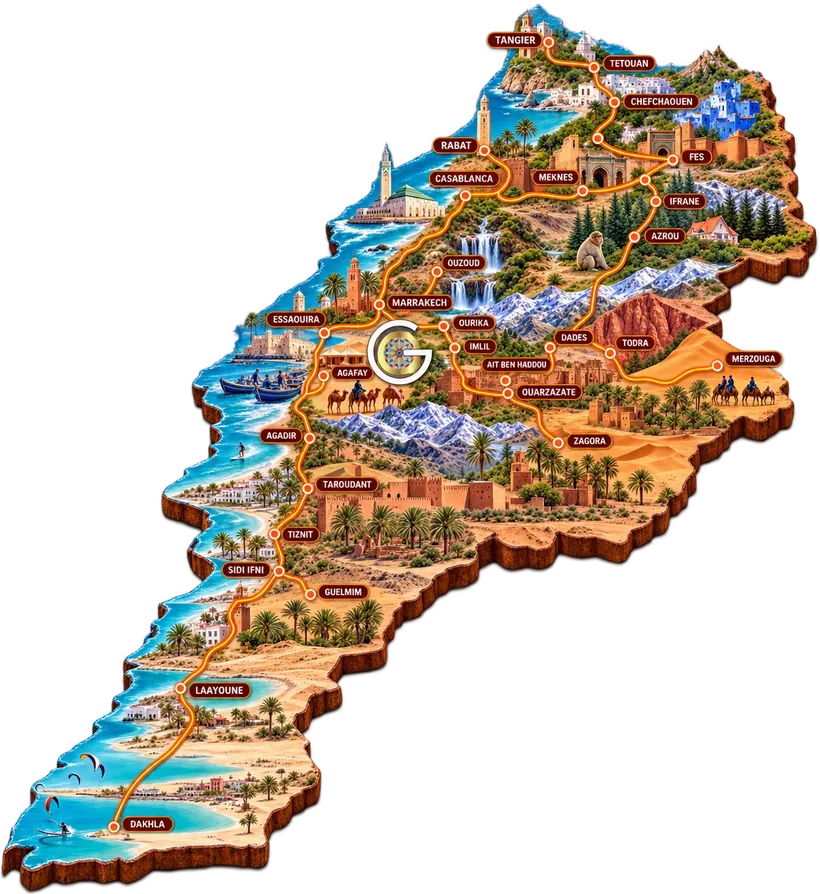 Illustrated map of Morocco with desert, imperial cities and day trip destinations