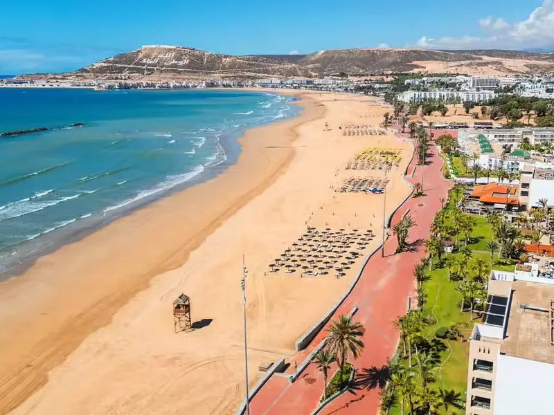 The long sandy crescent of Agadir bay on the Atlantic coast of southern Morocco