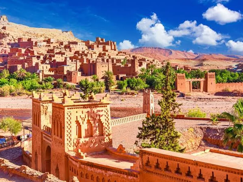 The fortified earthen village of Ait Ben Haddou above the river, listed by UNESCO