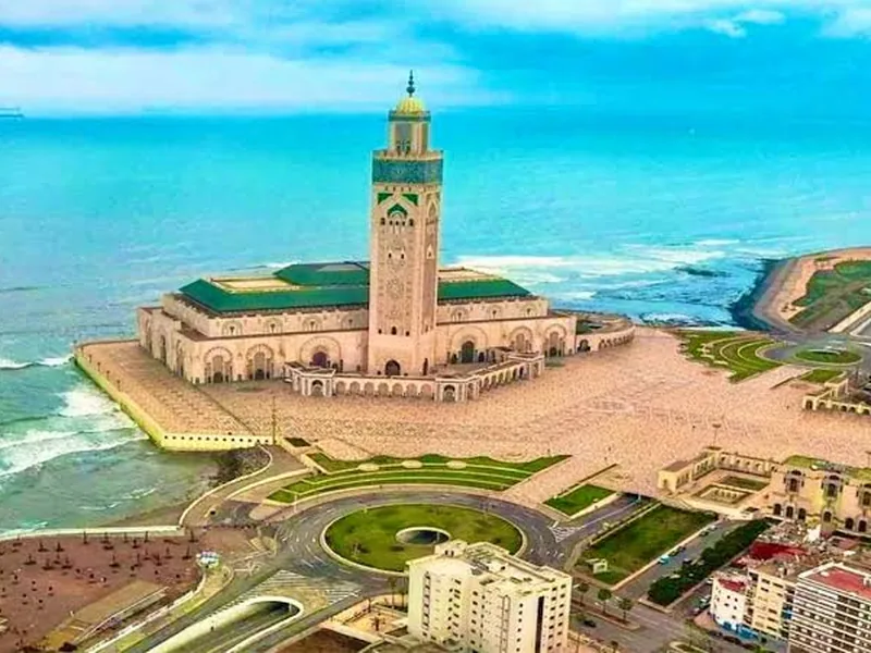 The Hassan II Mosque standing over the Atlantic on the Casablanca seafront