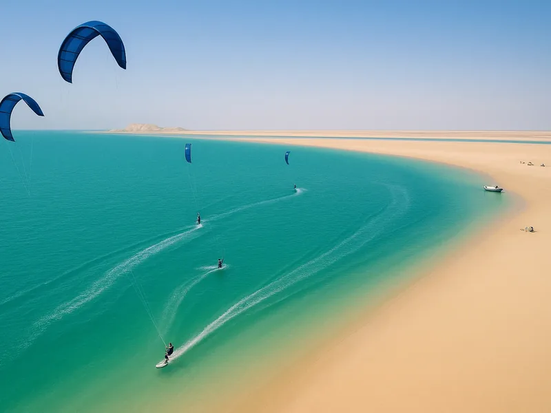The flat turquoise lagoon of Dakhla between the desert and the Atlantic ocean