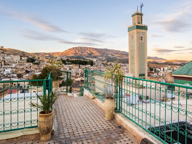 The rooftops and minarets of the Fes medina, the oldest in Morocco