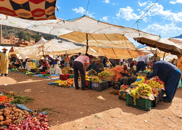 Weekly Berber market under canopies with the Atlas foothills behind