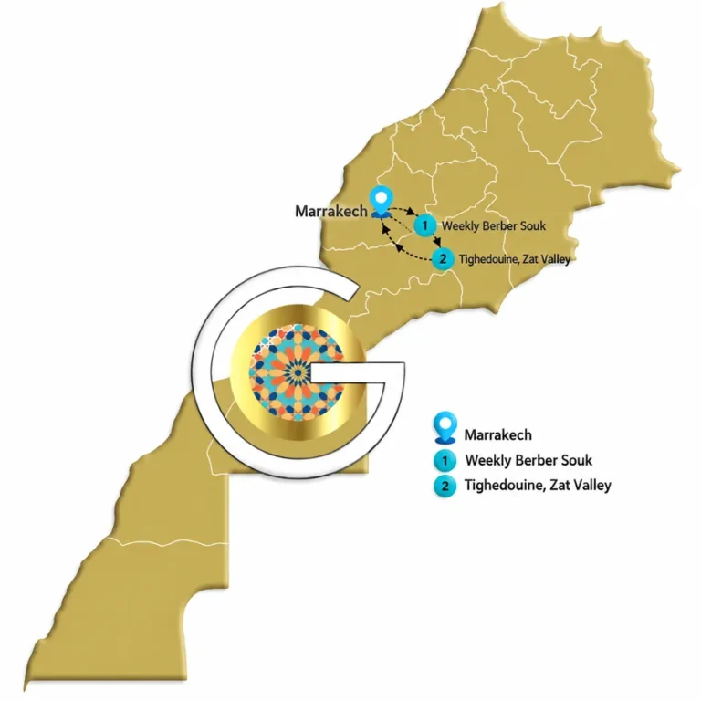 Map of the Berber market day trip: Marrakech, the weekly souk, Tighedouine in the Zat Valley