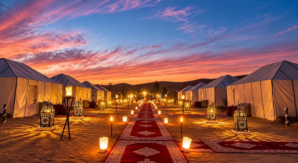 Camp du désert de Merzouga au coucher du soleil, lanternes et tentes blanches