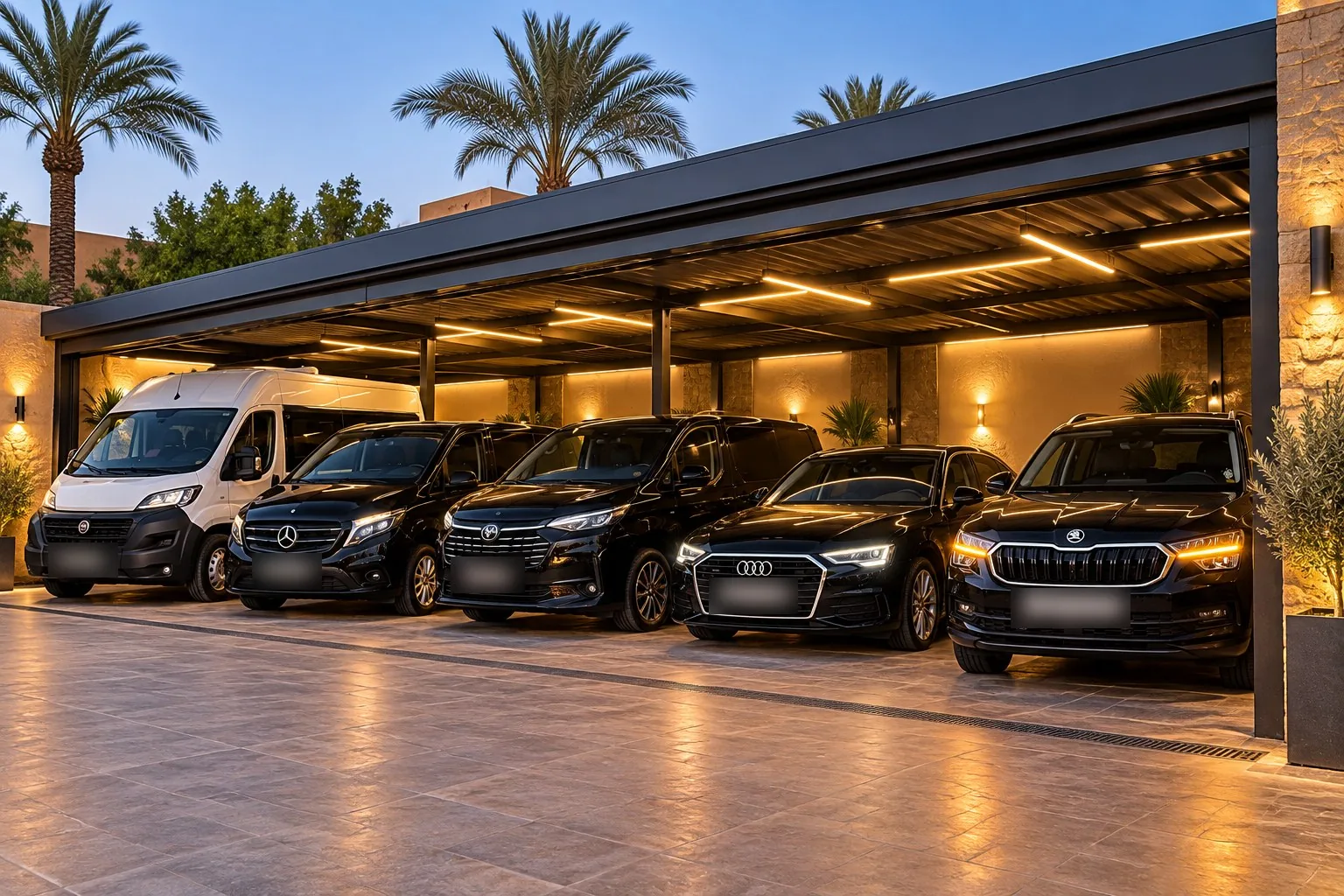 Private transfer fleet in Marrakech: minibus, vans and cars ready to leave Private transfer fleet in Marrakech: minibus, vans and cars ready to leave
