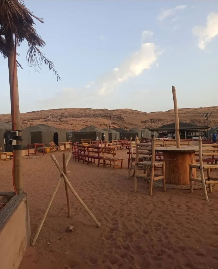 Tents and terrace of the luxury desert camp near Zagora
